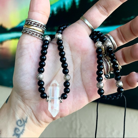 Made to order . Genuine clear crystal quartz & black agate gemstone beads - Picture 7 of 15
